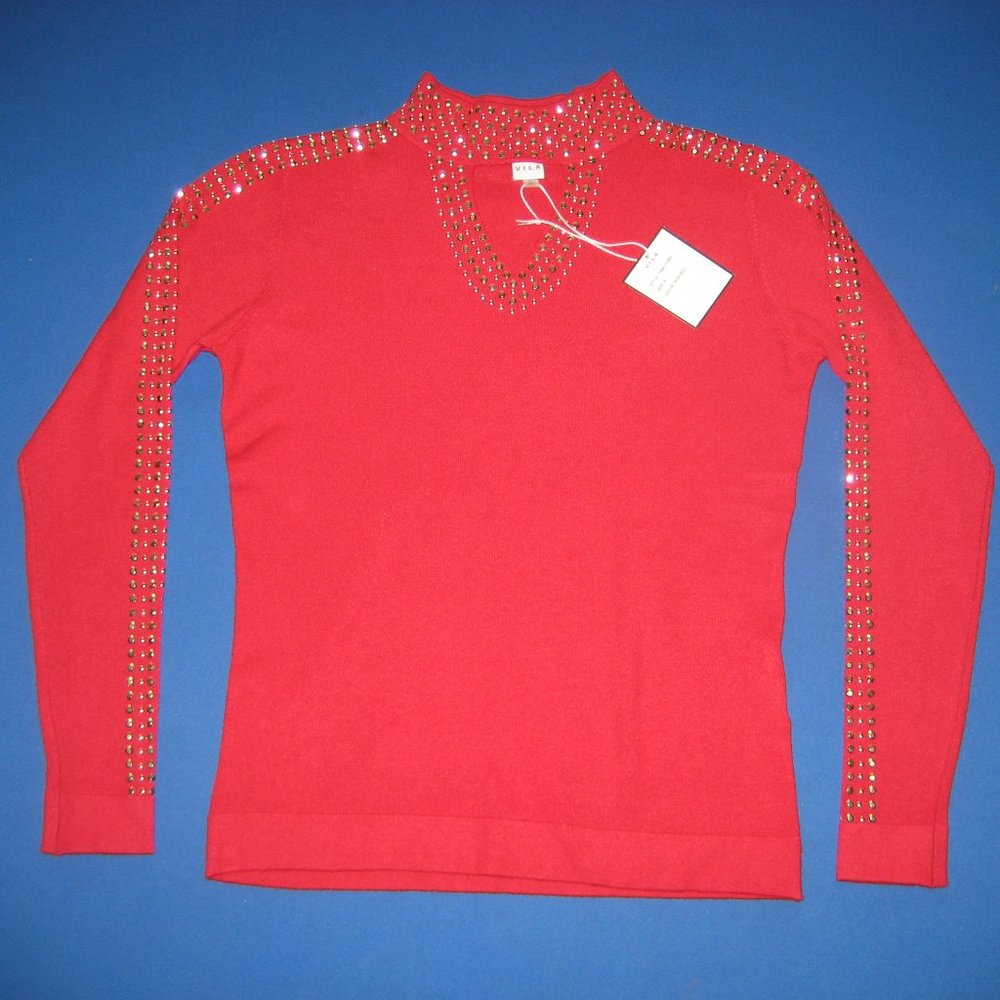 Vila Deep Red Mock Neck Gold Embellished Long Sleeve Sweater Size Small S NWT
